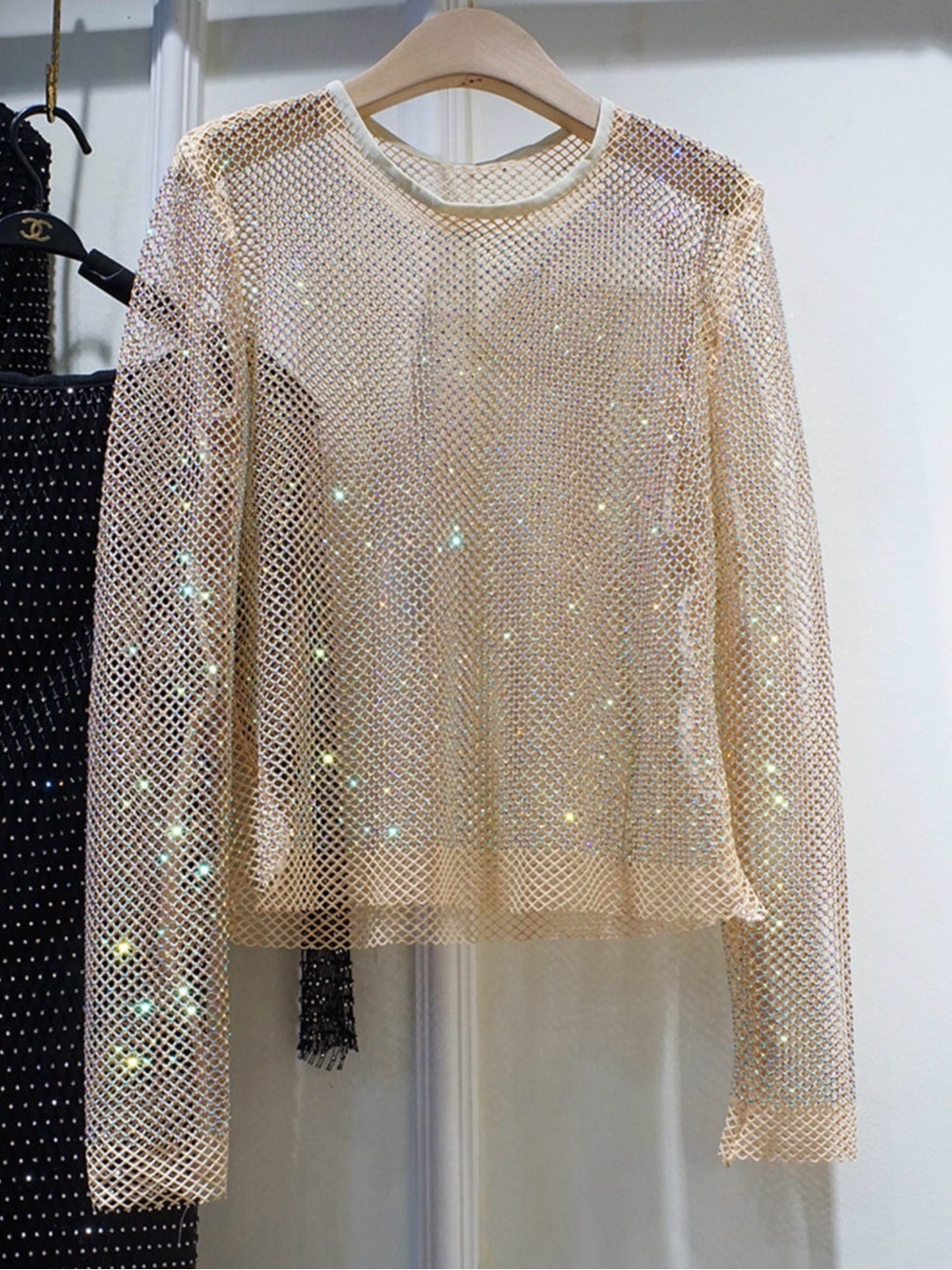 Sequin Mesh Long-Sleeve Top - Champagne
